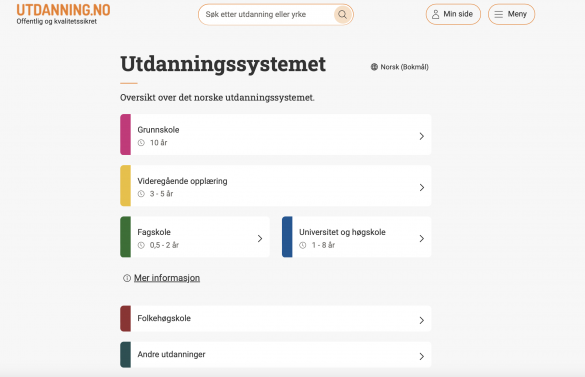 Skjermdump av verktøyet Utdanningssystemet på Utdanning.no.