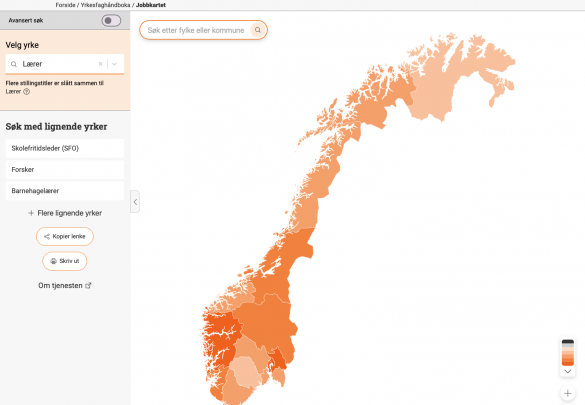 Skjermdump av verktøyet Jobbkartet, med eksempelyrket Lærer. Kartet viser at yrket finnes over hele Norge.