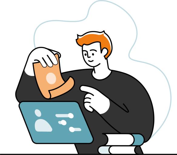 Fagskolevelgeren Person med oransje hår ser på en dataskjerm og holder et ark.