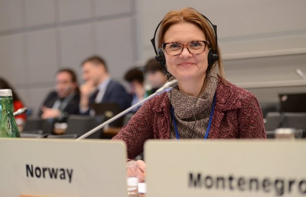 En kvinne sitter ved et møtebord i en konferansesal og ser mot kamera med et vennlig uttrykk. Hun har på seg briller og hodetelefoner med mikrofon, og foran henne står en navneplate der det står «Norway». En mikrofon strekker seg mot henne over bordet. I bakgrunnen sitter flere personer i en møtesituasjon, noe uklart i bildet. På bordet står blant annet en grønn vannflaske.