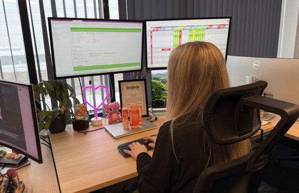 En kvinne med langt blondt hår sitter ved et skrivebord og arbeider på en datamaskin. Hun er sett bakfra og skriver på et tastatur foran to store skjermer med digitale oversikter og tekst. På pulten står planter, små figurer, en hjerteformet lampe og tre små flasker/tuber.