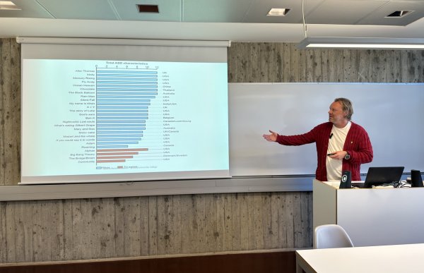 En mann står foran en prosjektor i et klasserom og peker mot et diagram på skjermen. Han har på seg en rød cardigan over en hvit t-skjorte og holder en fjernkontroll i hånden. På lerretet vises en oversikt over filmer og TV-serier med autisme-karakteristikker. I bakgrunnen er det hvite tavler og en grå betongvegg.