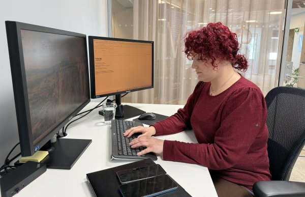 En kvinne med kort, krøllete rødt hår sitter ved et skrivebord på et kontor og arbeider ved to dataskjermer. Hun skriver på et tastatur og ser konsentrert på skjermen foran seg. På pulten ligger en mobiltelefon og et nettbrett oppå en mappe, og ved siden av skjermene står et glass vann. Bak henne henger lyse gardiner som slipper inn dagslys.