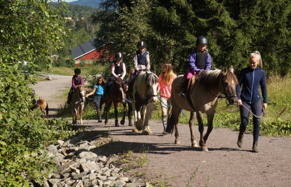 En gruppe hester med ryttere på ryggen rir oppover en grusvei. Det er sommer og grønt gress, busker og trær på hver side av veien. En ridelærer holder den fremste hesten.