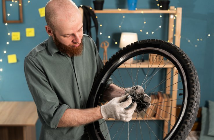 En mann skrur på et sykkelhjul