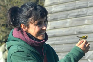 Dame med mørkt hår i hestehale og pannelugg har på seg en grønn jakke og holder en liten, gul og svart fugl i høyre hånd