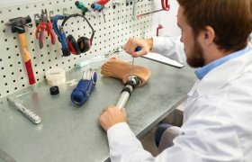 En ortopeditekniker skrur på en beinprotese 