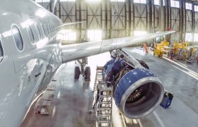 En flymekaniker sitter på motoren på en flyvinge