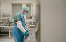 Obduksjonstekniker kledd med plastfrakk og munnbund