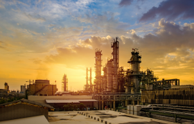 Bilde av en stor fabrikk og industriområde med gul himmel i bakgrunnen. 