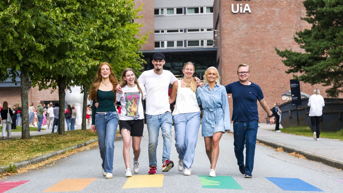 Seks studenter går ved siden av hverandre, over et gangfelt i regnbuefarger foran UiA